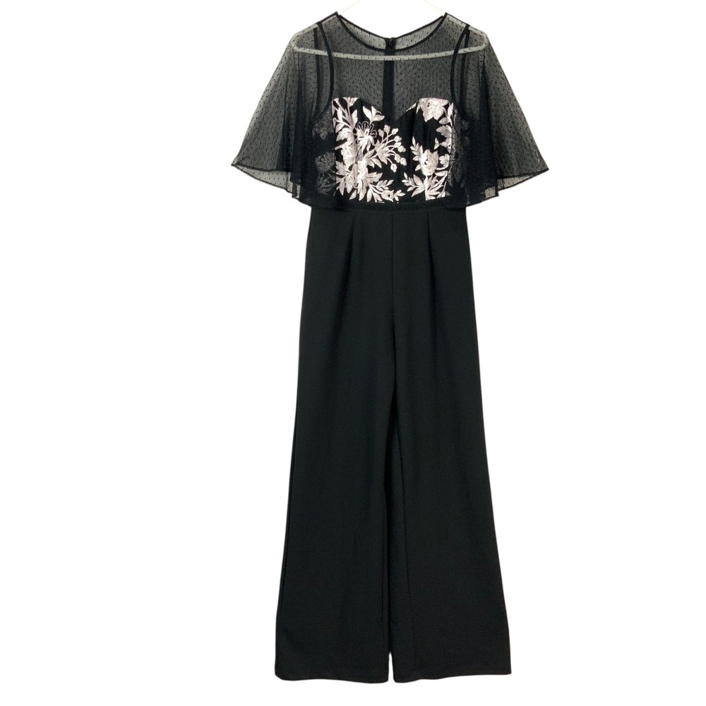 Adrianna Papell Black Floral Mesh Capelet Jumpsuit 4 Zipper Crew Short Sleeve